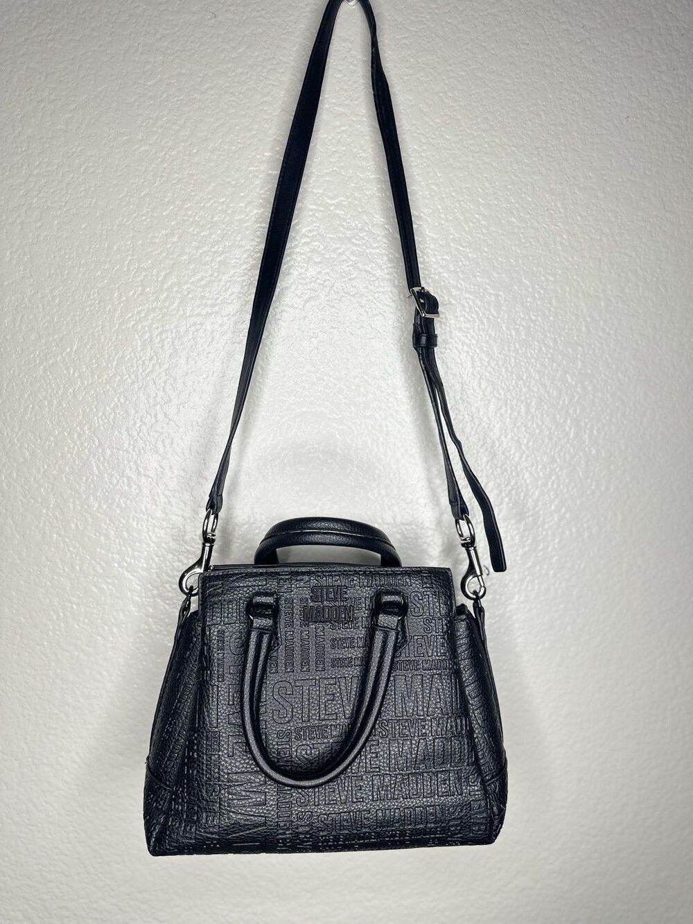 Steve Madden Satchel Bag Womens Small Black Logo Faux Leather Top Handle Zip